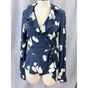 Ganni Navy Floral Wrap Blouse Ruffle Tie Waist Size 36